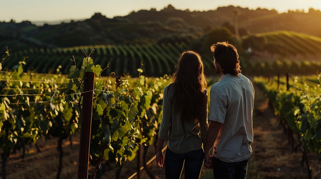 Couple sightseeing in napa valley wine tour with beautiful landscape view
