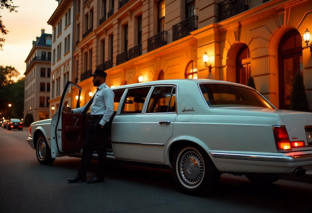 Professional limo driver standing in white vintage limo car