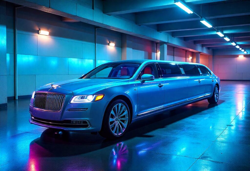 Stretch limousine park in the lobby of the building with neon lights background