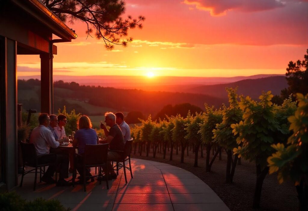Tourist enjoying dinner in the wine yard background view with beautiful sunset