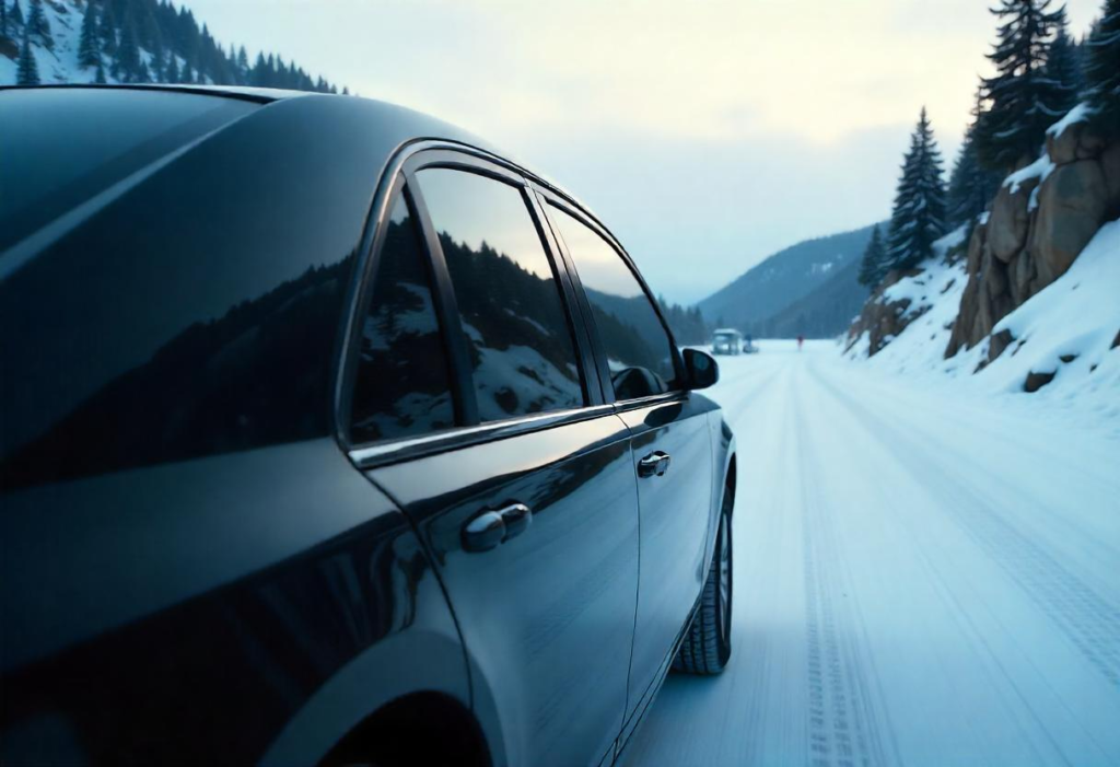 Black car limousine on the road with snow