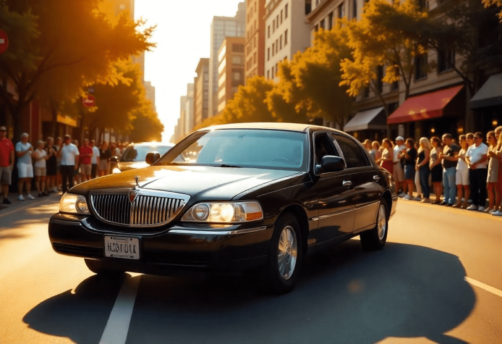 A sleek, black limousine driving down a city street during a vibrant daytime parade, with a diverse crowd of spectators lining the sidewalks, under a clear, sunny sky.