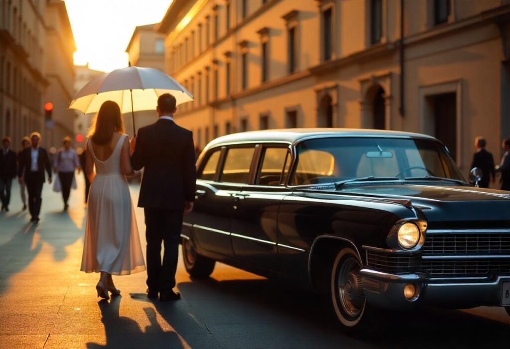 Business couple with limousine outside the museum