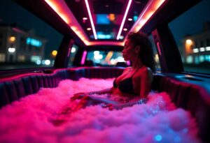 Girl in the limousine taking bath in the hot tub inside limo car