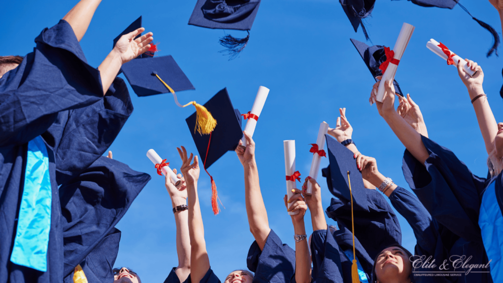 Happy Graduation Students Waving Up Their Hats