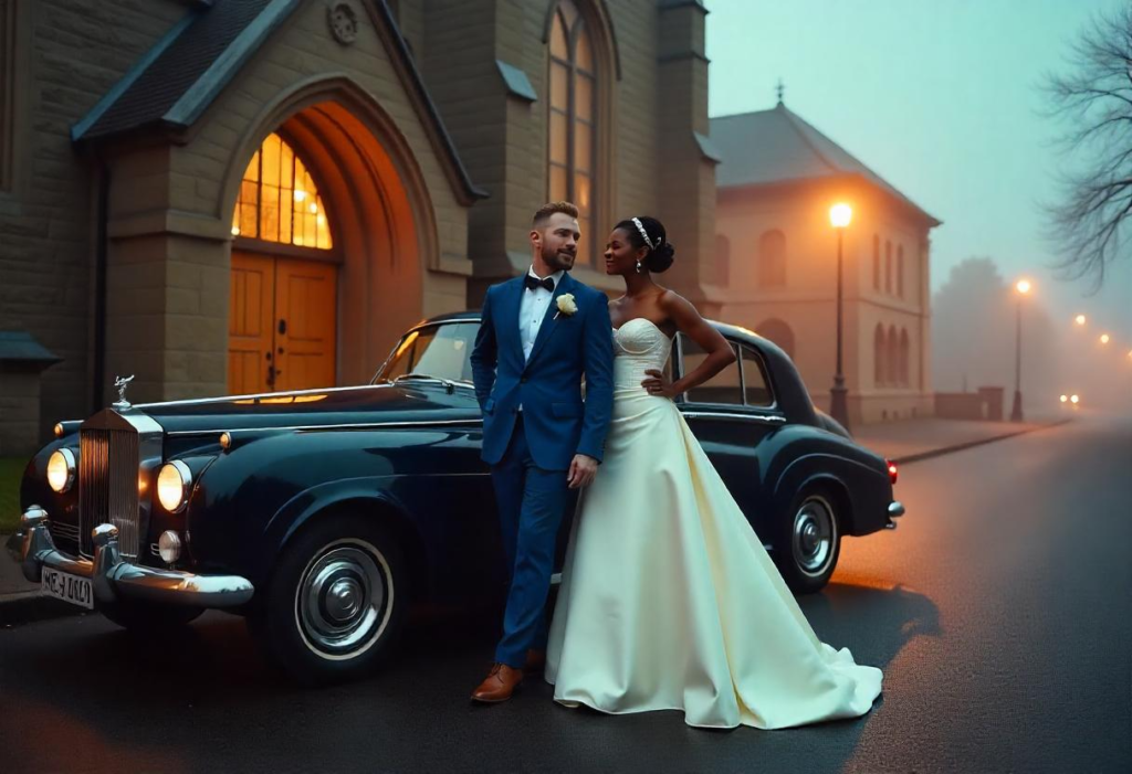 Happy wedding couple with limo car in the streets