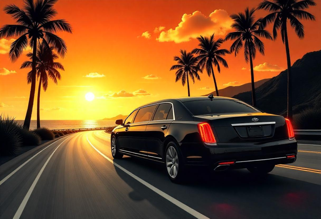 Limo car in the street with sunset background