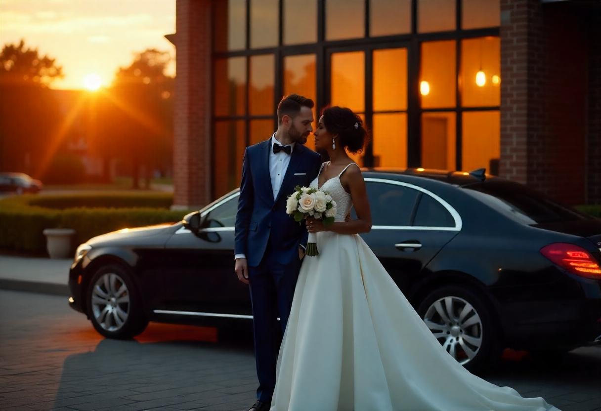 Newly wed couple happy and smiling with wedding limousine in the background