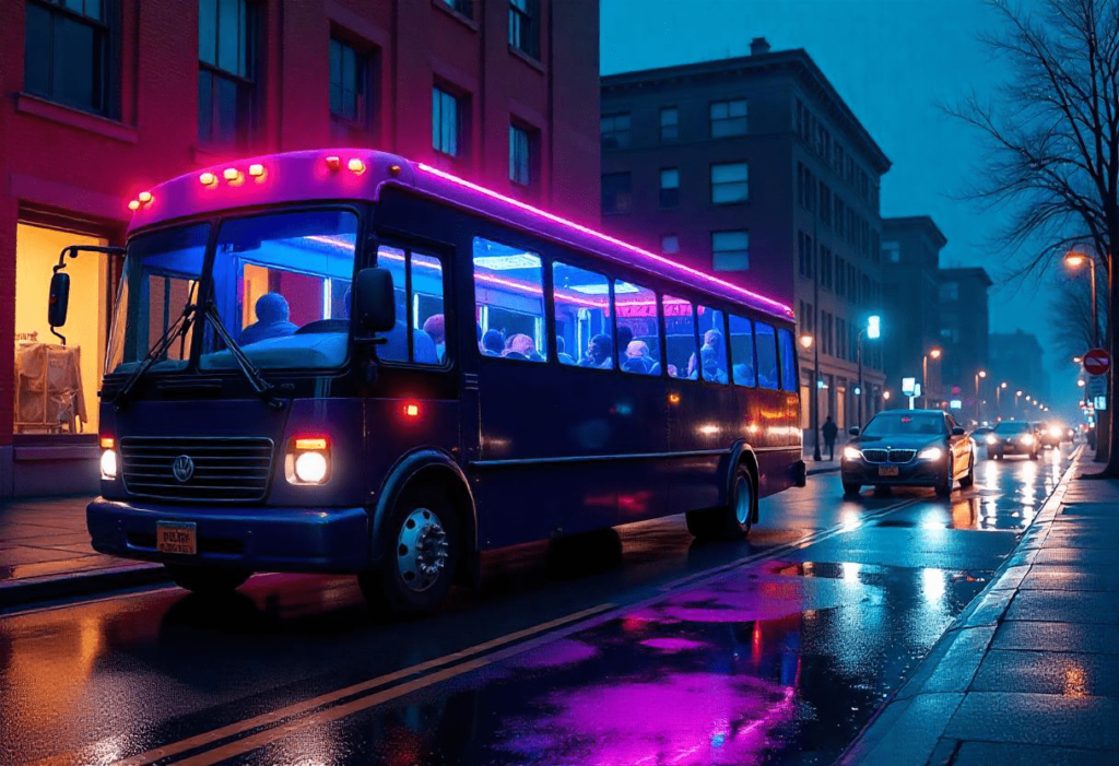 Party bus in the streets with neon lights