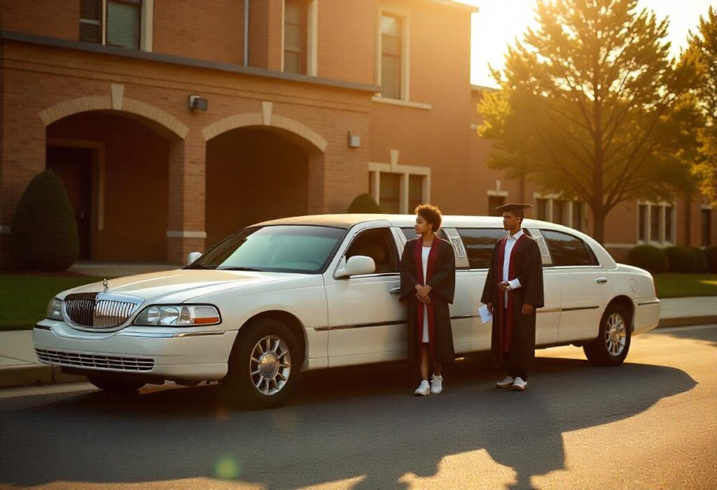 White limo car in the school with students graduating