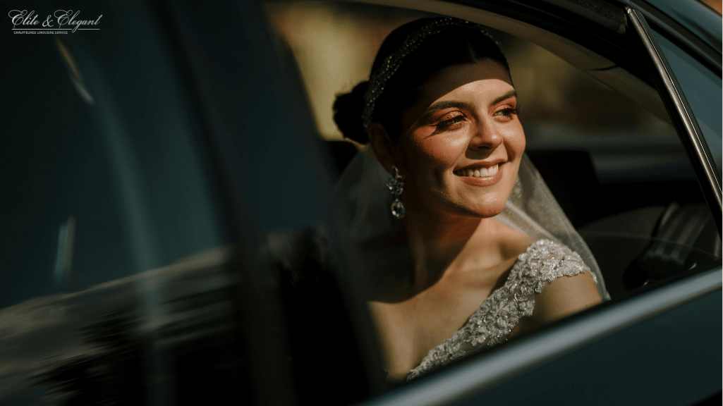 Passenger women riding in a limousine car smiling and enjoying