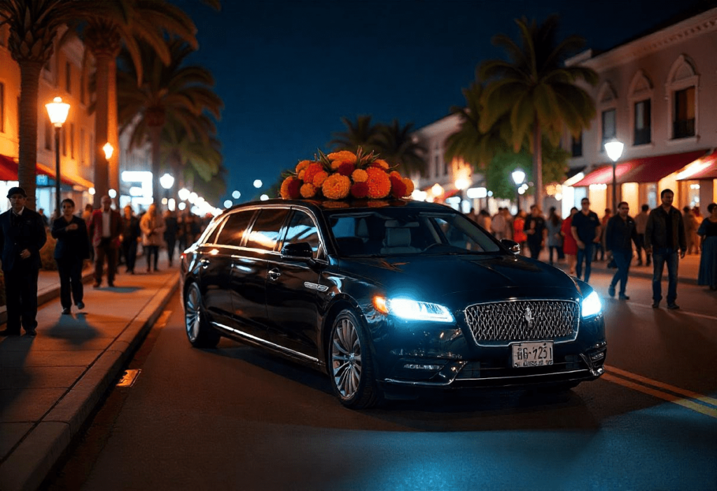 Black car limousine in the street with decoration on the roof car