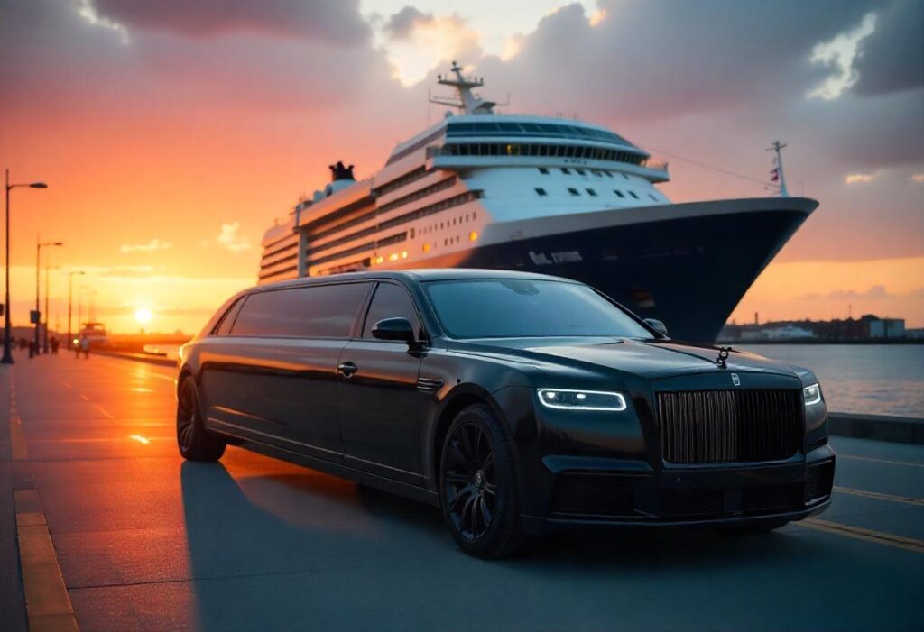 A Modern Limousine In The Port With Cruise Ship In The Background
