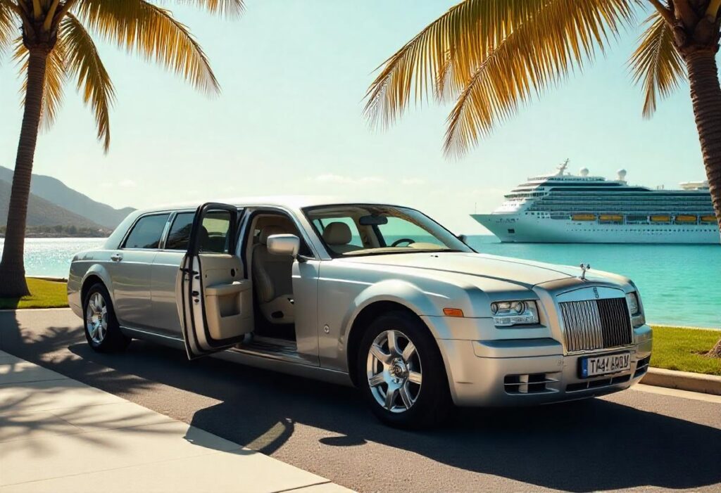 A Modern White Limousine In The Road With Cruise Ship In The Background