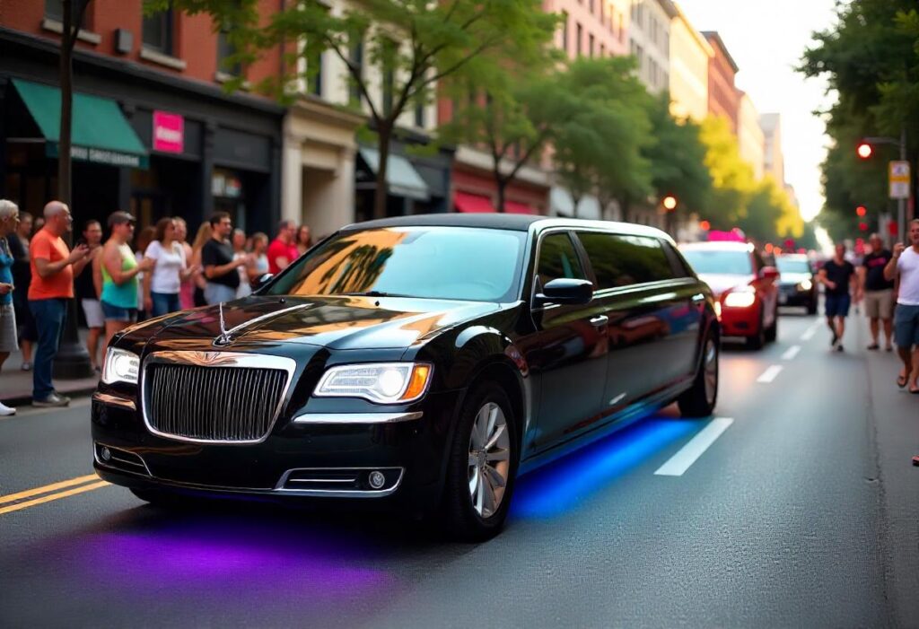 Modern black limousine in the street with people attending stern grove festival