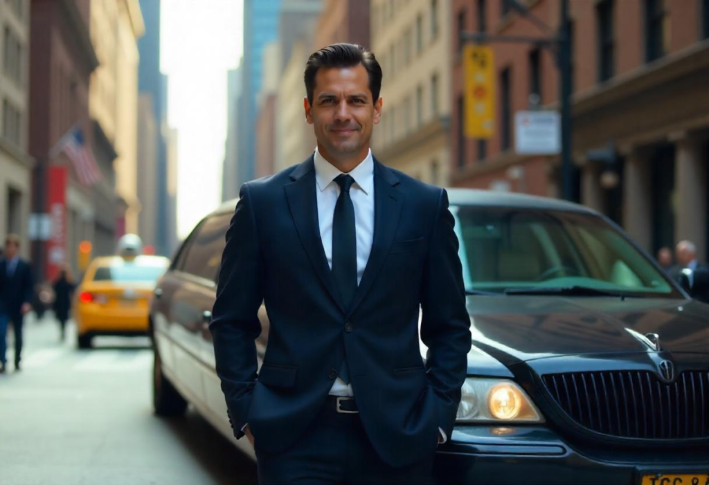 Professional chauffeur driver his black limo background