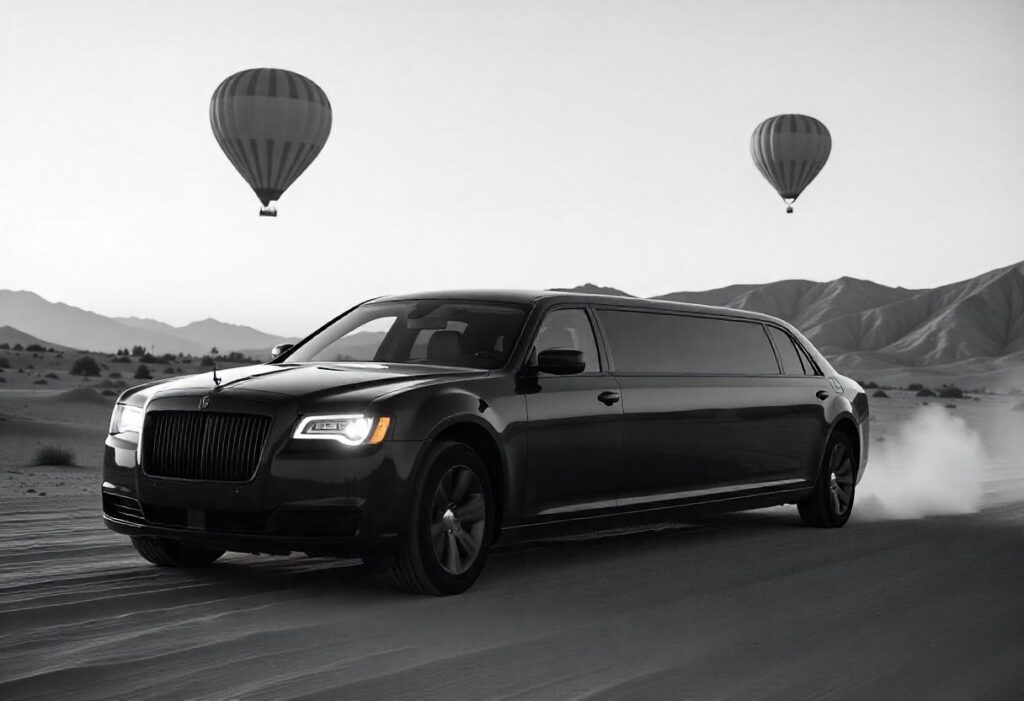 Modern Black Limo In The Dessert With Hot Air Balloons In The Background Flying