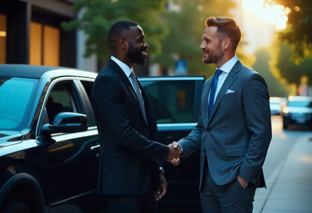 2 Professional Business Man Shake Hands For Limousine Rental Negotiation